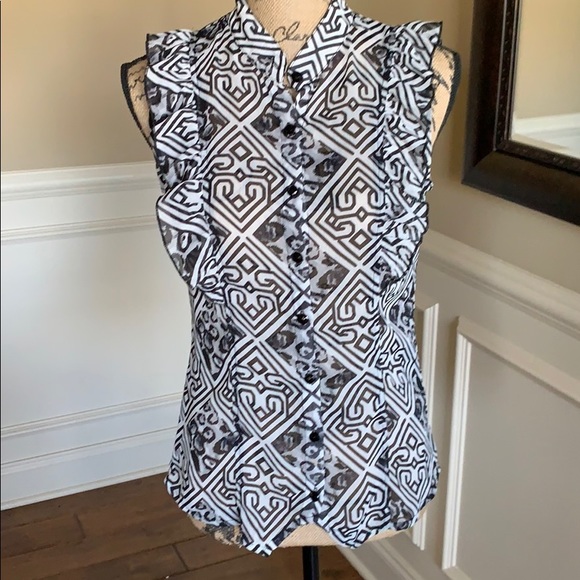 Lapis Sheer Patterned Ruffled Button Up Top EUC - Picture 2 of 8